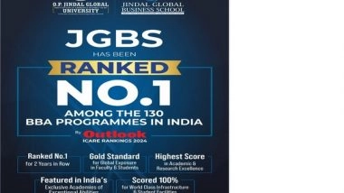 Business News | BBA (Hons.) Programme at Jindal Global Business School Ranked First & India's Best: Outlook-ICARE Rankings 2024