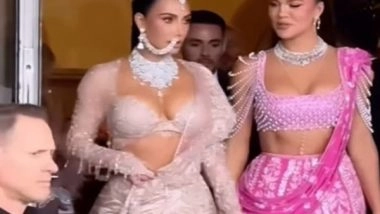 Entertainment News | Kim Kardashian Stuns in Embellished Lehenga, Sis Khloe Looks Gorgeous in Pink Attire at Anant-Radhika's 'Shubh Aashirwad' Ceremony