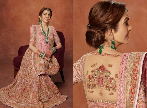 Nita Ambani Wears Zardozi Ghagra With Blouse Embroidered With Names of Her Children and Grandchildren at Anant Ambani and Radhika Merchant’s ‘Shubh Aashirwad’ Ceremony (See Photos)
