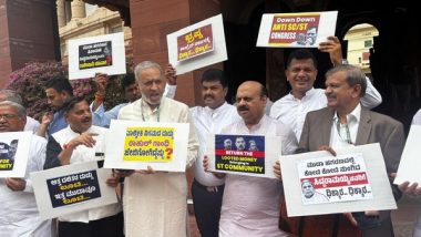 India News | Karnataka BJP Members Protest over MUDA and Valmiki Scam in Parliament Premises