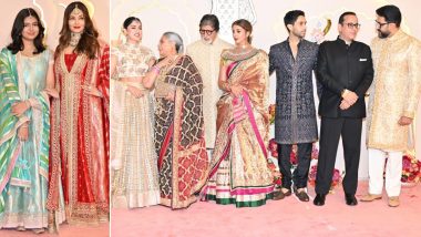 Aishwarya Rai Bachchan and Daughter Aaradhya Pose Separately; Abhishek Bachchan Joins Family for Group Photo at Anant Ambani–Radhika Merchant’s Wedding (Watch Videos)