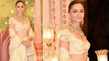 Alia Bhatt’s Ivory Lehenga With Golden Embellishments Steals the Spotlight at Anant Ambani and Radhika Merchant’s Shubh Aashirwad Ceremony (Watch Video)