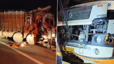 Anand Road Accident: Several Injured After Bus Collides With Truck on Ahmedabad-Vadodara Express Highway (Watch Video)