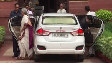 Union Budget 2024: Finance Minister Nirmala Sitharaman Reaches Ministry Ahead of Union Budget Presentation (Watch Video)