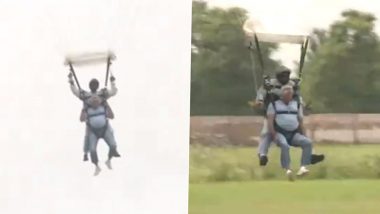 World Skydiving Day 2024: Union Minister Gajendra Singh Shekhawat Does Skydiving in Haryana’s Narnaul (Watch Video)