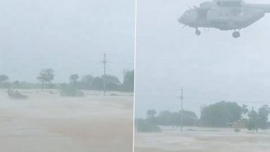 Gujarat Rains: Indian Air Force Chopper Rescues 3 People Stranded in Floodwaters in Paneli Village After NDRF Team Out for Rescue Operation Gets Stuck in Waterlogged Street (Watch Video)