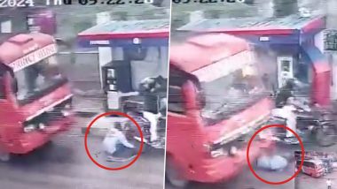 Uttar Pradesh: Petrol Pump Employee Inflating Bike Tyres Run Over by Driverless Bus in Hardoi; Disturbing Video Surfaces