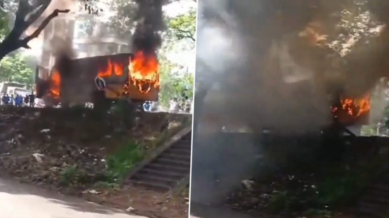 School Bus Catches Fire in Kerala’s Kochi, No Injuries Reported (Watch Video)