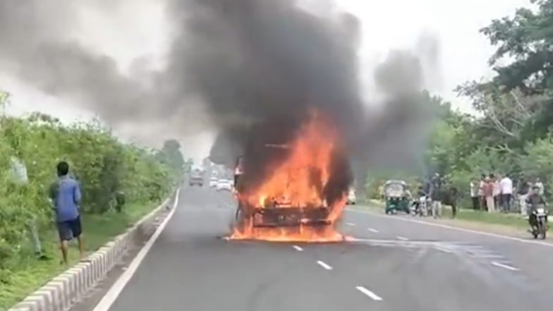 Ahmedabad: Tempo Driver Dies After Massive Fire Engulfs Vehicle After Collision, Video Surfaces