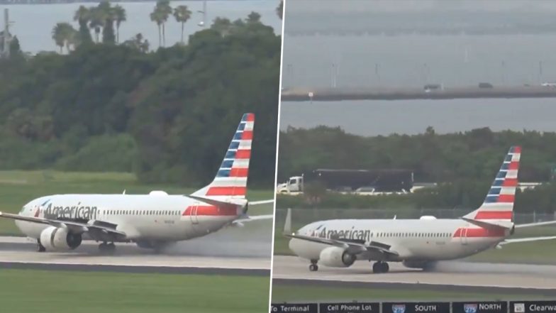 American Airlines Plane Carrying 174 Passengers Loses Tyre Moments Before Takeoff in Florida, Catches Fire (Watch Video)