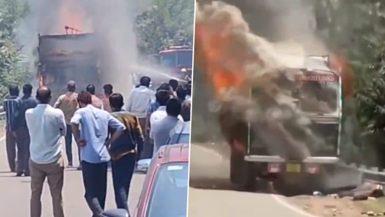 Jammu and Kashmir: Truck Carrying FCI Rice Catches Fire Due to Short Circuit Near Batote, No Casualties Reported (Watch Video)