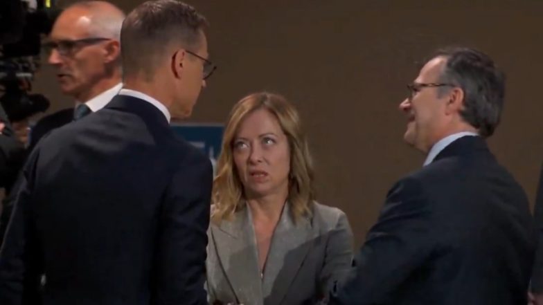 Giorgia Meloni’s Eye-Rolling Expression Caught on Camera As She Waits for Jens Stoltenberg and Joe Biden To Arrive at NATO Summit (Watch Video)