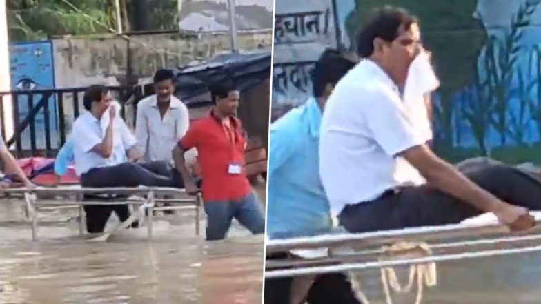 Uttar Pradesh: With Road Flooded Due to Heavy Rains, Medical College Principal Taken Out on a Stretcher in Shahjahanpur (Watch Video)