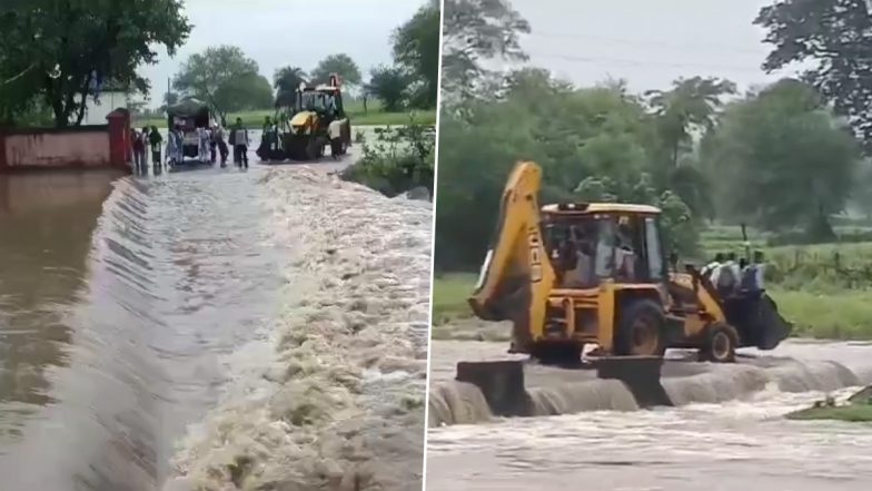 Madhya Pradesh: 15 Students Stranded on Flooded Bridge in Seoni After School Van Gets Stuck, Rescued on Bulldozer (Watch Video)