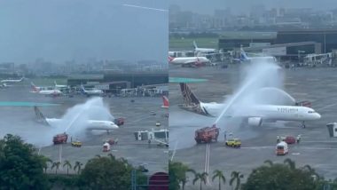 Team India’s Flight From Delhi Welcomed With Water Cannon Salute at Airport Upon Arrival in Mumbai Ahead of Much-Awaited Victory Parade (Watch Video)