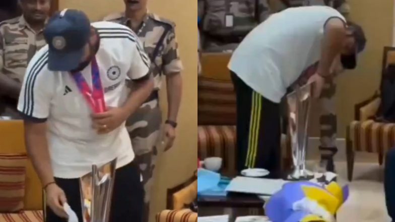 Rohit Sharma Spotted Cleaning T20 World Cup 2024 Trophy After Indian Cricket Team Reaches Home Following Historic Title Triumph in Barbados (Watch Video)