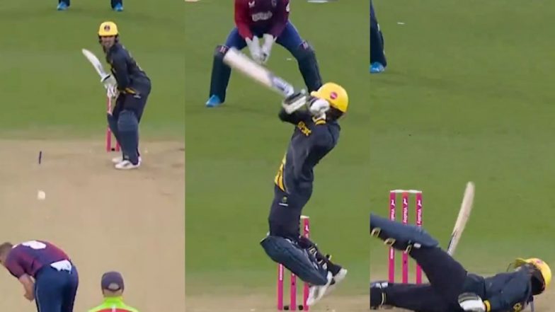 Tom Rogers Falls on the Ground While Playing Upper Cut Shot After Losing Balance During Glamorgan vs Kent Vitality T20 Blast 2024 Match (Watch Video)