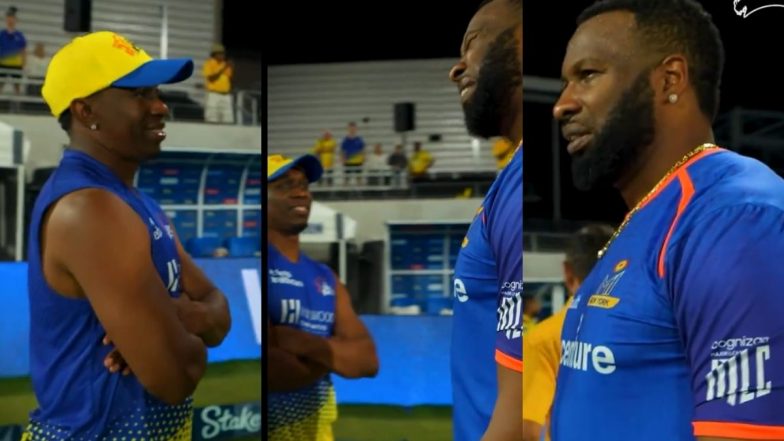 Dwayne Bravo and Kieron Pollard Share Warm Moments With Each Other As They Reunite After the MI New York vs Texas Super Kings MLC 2024 Match (Watch Video) | 🏏 LatestLY