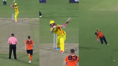 Corey Anderson Takes a Spectacular One-Handed Catch While Falling Backwards To Dismiss Faf Du Plessis During San Francisco Unicorns vs Texas Super Kings MLC 2024 Challenger Match (Watch Video)