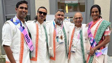 Chef de Mission Gagan Narang, Flag Bearers PV Sindhu and Sharath Kamal and Other Members of Indian Contingent Flaunt Ethnic Look in Ceremonial Outfits for Paris Olympics 2024 Opening Ceremony (See Pics)