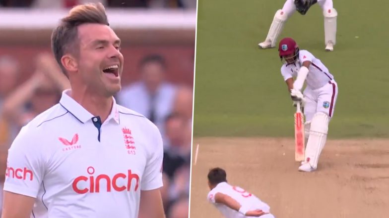 James Anderson Scalps His 702nd Wicket In His Farewell Test As He Cleans Up Kraigg Braithwaite With Jag-Backing Inswinger During ENG vs WI 1st Test 2024 (Watch Video)