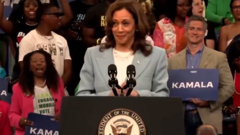 ‘Lock Him Up!’: Crowd Gathered at Kamala Harris’ Campaign Rally in Atlanta Raise Slogans as US Vice President Mentions Donald Trump Being Found Guilty of Fraud (Watch Video)