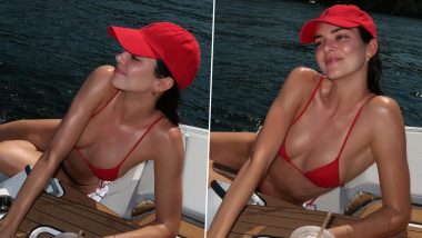 Kendall Jenner Stuns in a Mismatched Red and Black Bikini, Supermodel Looks Relaxed While Enjoying a Yacht Vacation (View Pictures)