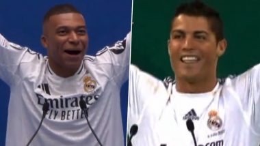 Kylian Mbappe Does a Cristiano Ronaldo! French Forward Performs ‘Uno, Dos, Tres, Hala Madrid!’ Chant at Unveiling Ceremony Same As CR7 Did in 2009 (Watch Videos)