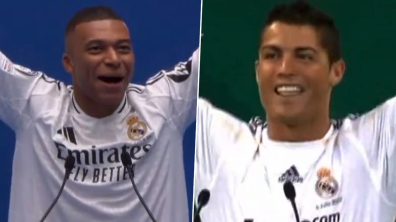 Kylian Mbappe Does a Cristiano Ronaldo! French Forward Performs ‘Uno, Dos, Tres, Hala Madrid!’ Chant at Unveiling Ceremony Same As CR7 Did in 2009 (Watch Videos)