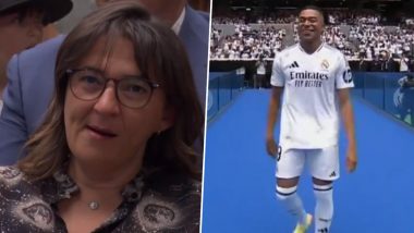 Kylian Mbappe's Mother Fayza Lamari Sheds Tears of Joy During French Forward's Real Madrid Unveiling at Santiago Bernabeu (Watch Video)