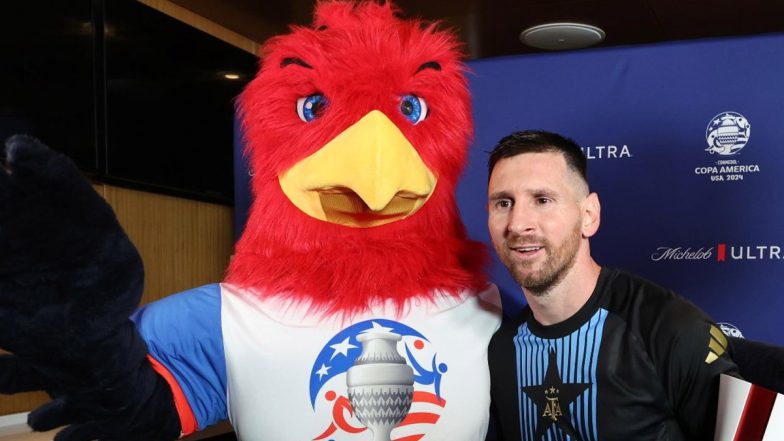 Lionel Messi Poses With Official Copa America 2024 Mascot ‘Captain’ While Receiving Player of the Match Award After Argentina Beat Canada To Qualify for Final (View Pic)