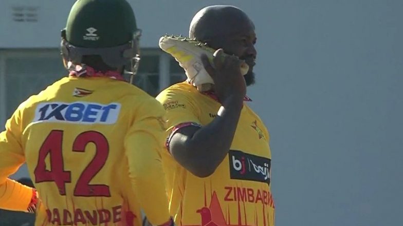 Luke Jongwe Performs ‘Shoe Phone Call’ Celebration After Dismissing Dhruv Jurel in IND vs ZIM 1st T20I 2024 (Watch Video)