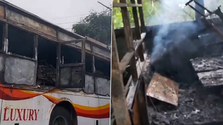 Telangana Road Accident: 15 Passengers Injured As Bus Carrying Them Catches Fire After Colliding With Another in Mahbubnagar (Watch Videos)