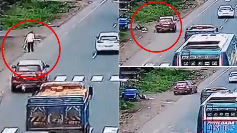 Accident Caught on Camera in Malkapur: Speeding Car Hits Man Walking on Side of National Highway 53, Sends Victim Flying in Air; Disturbing Video Surfaces