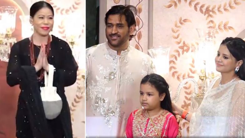 MS Dhoni With Wife Sakshi and Daughter Ziva, MC Mary Kom Attend Anant Ambani and Radhika Merchant's 'Shubh Aashirwad' Ceremony at JIO World Centre in Mumbai (Watch Video)