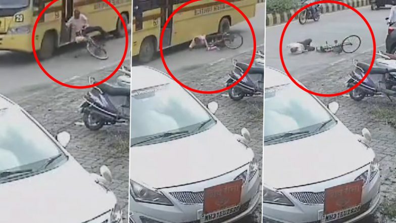 Nagpur Hit-and-Run: Speeding Bus Hits Man Riding Cycle in Maharashtra, Nearly Crushes Him Under Its Wheels; Chilling Video Surfaces