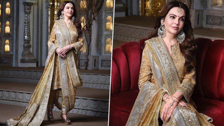 Nita Ambani Exudes Regal Charm in Stunning Golden Suit Featuring Classic Hyderabadi Khada Dupatta (View Picture)