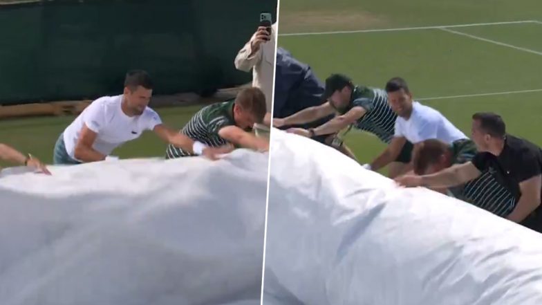 Novak Djokovic Helps Support Staff at Centre Court in Removing Covers Ahead of His Third-Round Match Against Alexie Popyrin in Wimbledon 2024 (Watch Video)