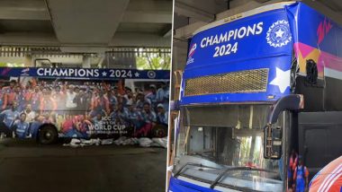 Team India Open-Top Bus for Victory Parade Spotted in Mumbai, Features T20 World Cup 2024 Champions' Photos (Watch Video)