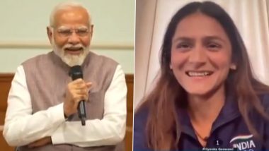 PM Narendra Modi Asks Race-Walker Priyanka Goswami About Her ‘Baal Krishna’, Wishes Her Best for Paris Olympics 2024 (Watch Video)