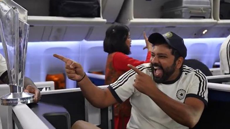 Indian Cricket Team Celebrate With ‘Prestigious’ T20 World Cup 2024 Trophy in Flight on Their Way Back to Home (Watch Video)