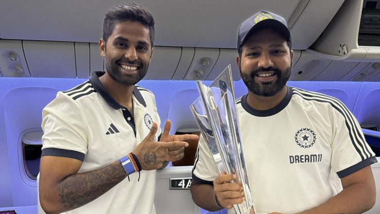 Rohit Sharma Is ‘Coming Home’ With T20 World Cup 2024 Trophy! T20 WC Winning Captain Shares Pic With Suryakumar Yadav As Team India Boards Special Flight from Barbados to Delhi