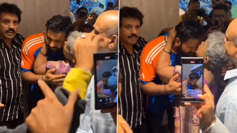 Rohit Sharma’s Mother Purnima Sharma Hugs and Kisses Him After Team India Celebrates T20 World Cup 2024 Success at Wankhede Stadium (Watch Video)