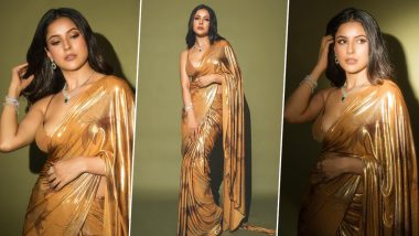 Shehnaaz Gill Effortlessly Steals the Spotlight in a Golden Saree by Masaba at Anant Ambani and Radhika Merchant’s Sangeet Ceremony (View Pictures)