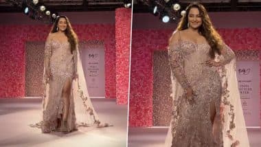 Newlywed Sonakshi Sinha Turns Heads in Glamorous Blush Pink Ensemble at India Couture Week 2024 (Watch Video)