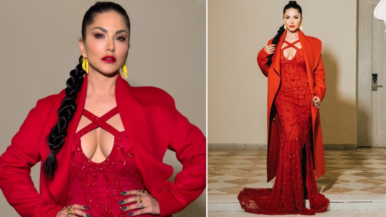 Sunny Leone Turns Up the Heat in a Bold and Daring Vibrant Red Gown, Actress Effortlessly Steals the Spotlight in the Showstopping Ensemble (View Pictures)