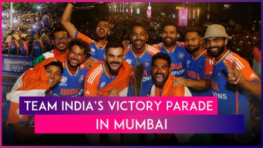 Team India’s Victory Parade in Mumbai: Rohit Sharma, Virat Kohli & Others Felicitated at Wankhede Stadium After Open-Bus Ride Amid Huge Cheer From Sea of Fans Gathered at Marine Drive