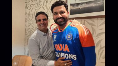 Fans Spot Mysterious 'Third' Hand On Rohit Sharma's Shoulder As He Clicks Picture With Director of Swami Vivekananda School, Yogesh Patel Following India's T20 World Cup 2024 Triumph, Picture Goes Viral