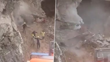 Uttarakhand: Labourers Clearing Debris Narrowly Escape Death as Huge Rock Falls on Badrinath Highway After Landslide, Chilling Video Surfaces