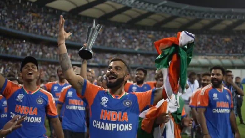 Indian Cricket Team and Wankhede Stadium Crowd Sing ‘Vande Mataram’ During T20 World Cup 2024 Title Celebration (Watch Video)